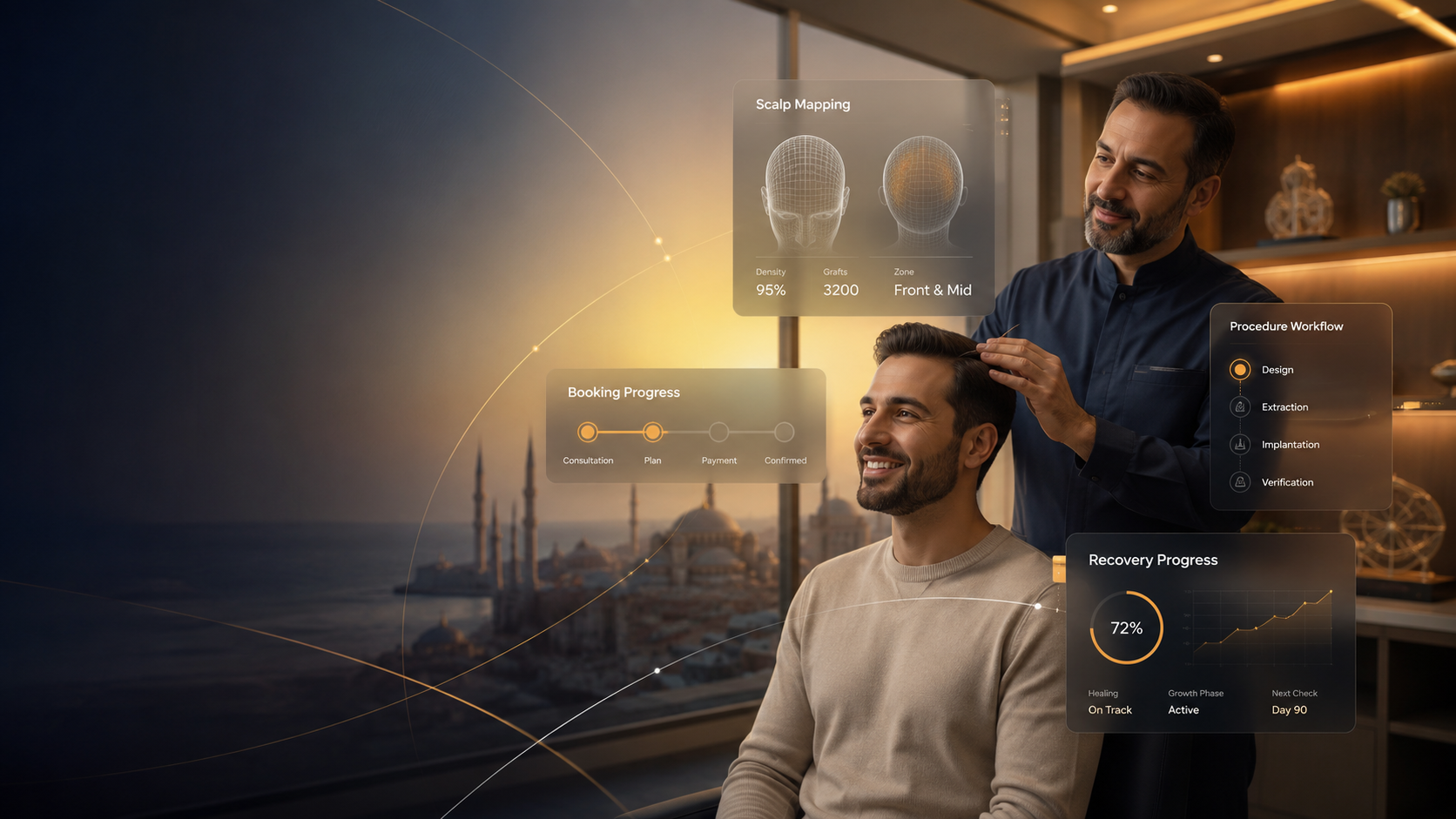 Hair-transplant consultant reviewing scalp mapping, procedure workflow, booking, and recovery progress with a client in a premium clinic setting.