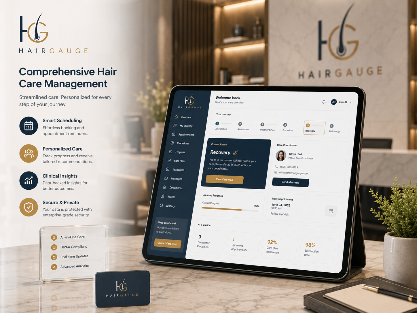 HairGauge client recovery dashboard displayed in a premium clinic workspace.