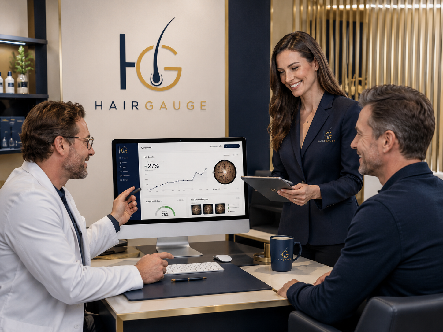 Professional clinic team reviewing a HairGauge progress dashboard with a client.