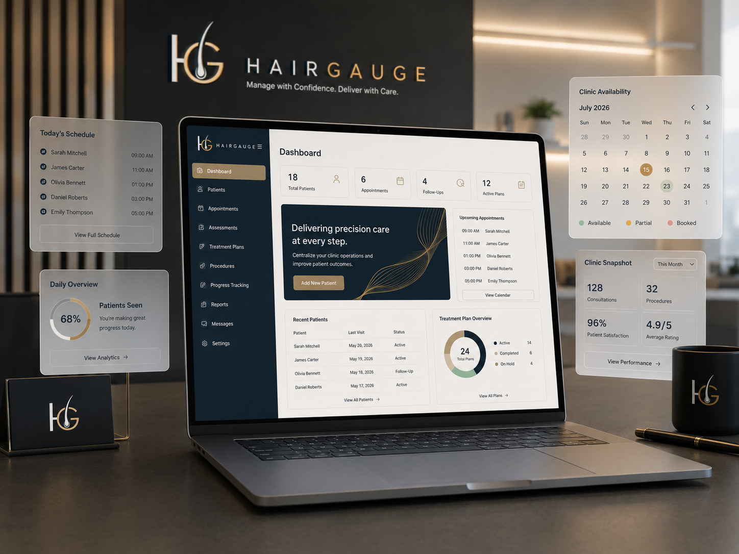 HairGauge clinic dashboard showing recovery journey and manager oversight in a premium workspace.