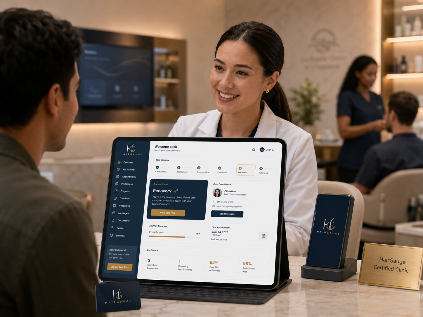 Professional clinic consultation supported by a structured HairGauge client dashboard.