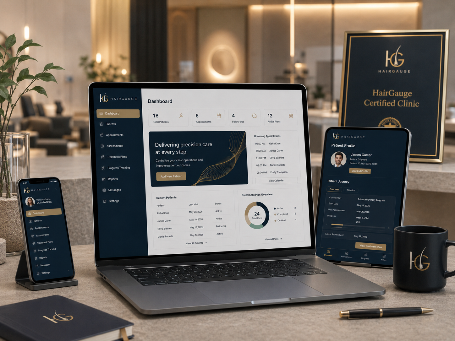 HairGauge clinic management dashboard connected across laptop, tablet, and mobile devices.