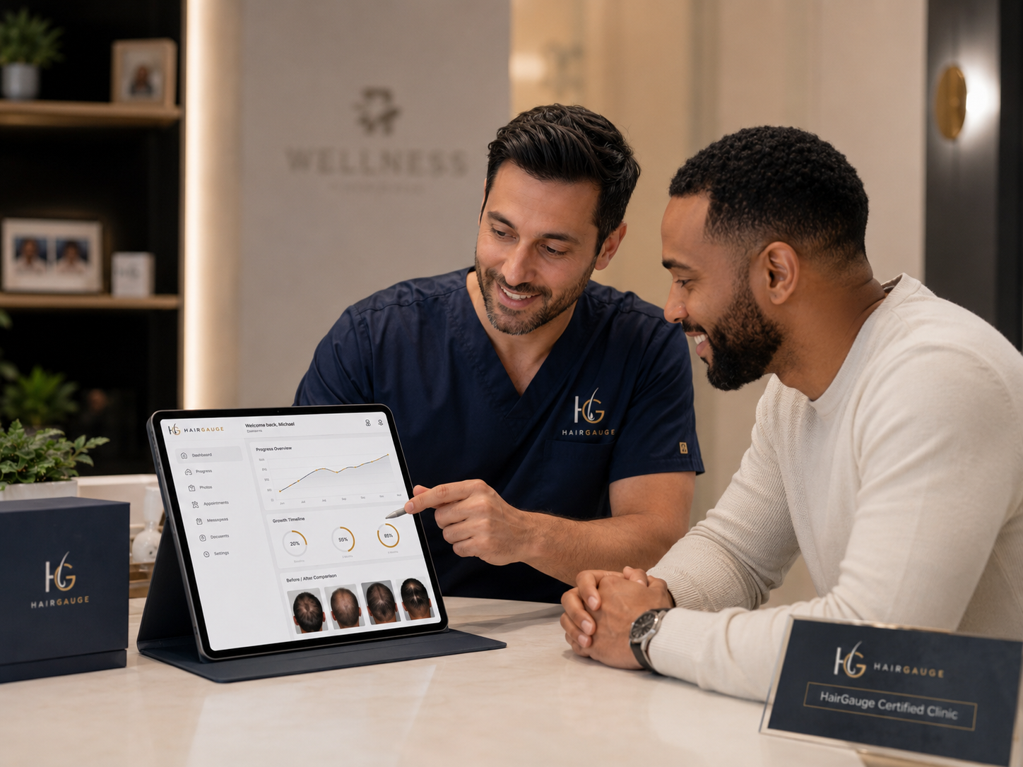 Client reviewing structured HairGauge recovery progress with a clinic professional.