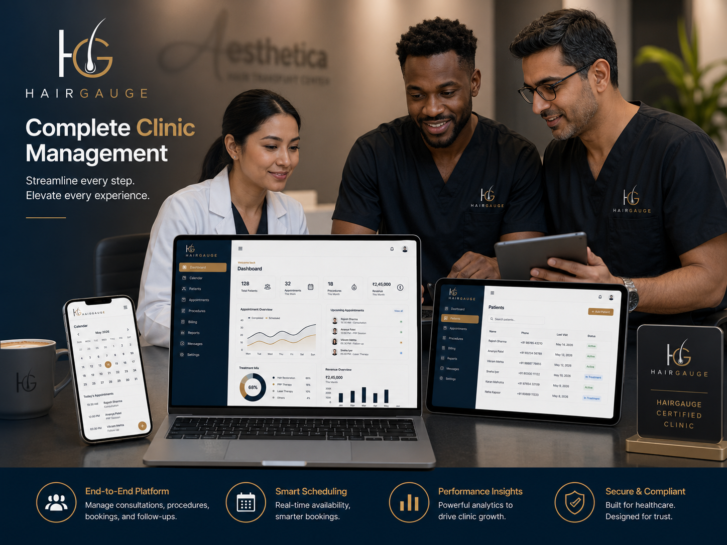 Clinic team using a HairGauge dashboard for reports, activity summaries, and oversight.