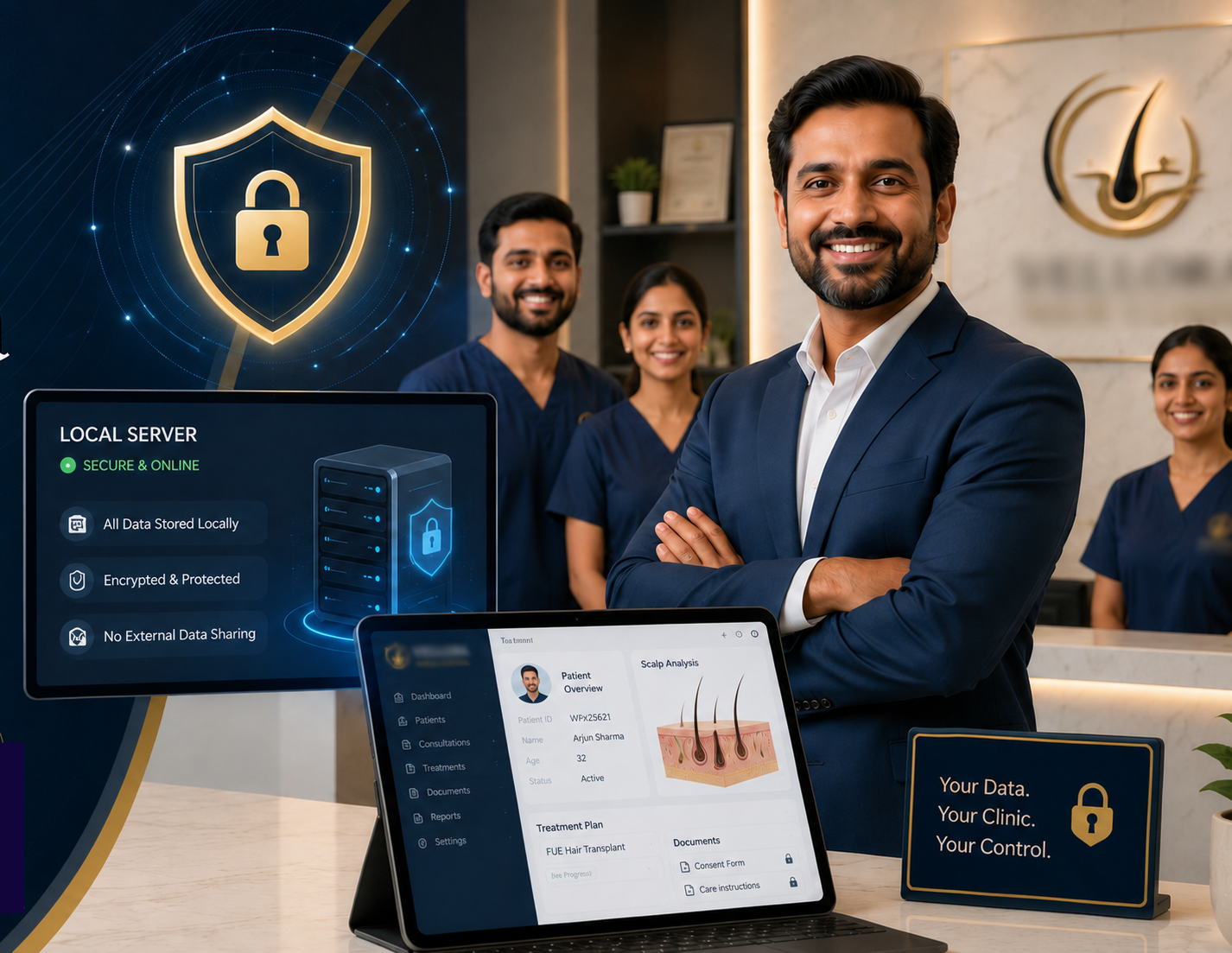 Professional hair transplant clinic team showing secure local data control and clinic-owned records.