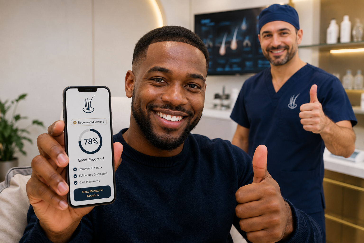 Happy hair transplant client showing a HairGauge recovery milestone while a clinic doctor gives approval.
